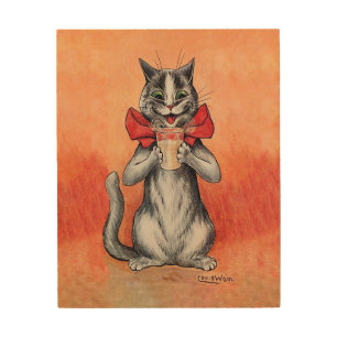 Louis Wain Cats - Funny Cat Drinking Wood Wall Art