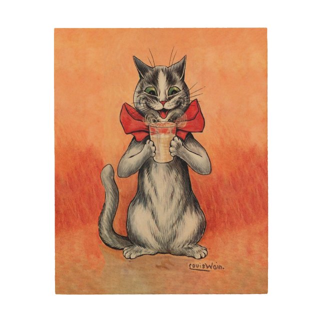 Louis Wain Cats - Funny Cat Drinking  Wood Wall Art (Front)