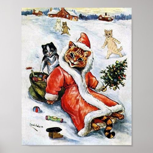 Louis Wain Christmas Santa Cat Poster