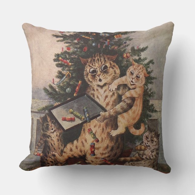 Louis Wain Christmas Time in Catland  Throw Pillow (Front)
