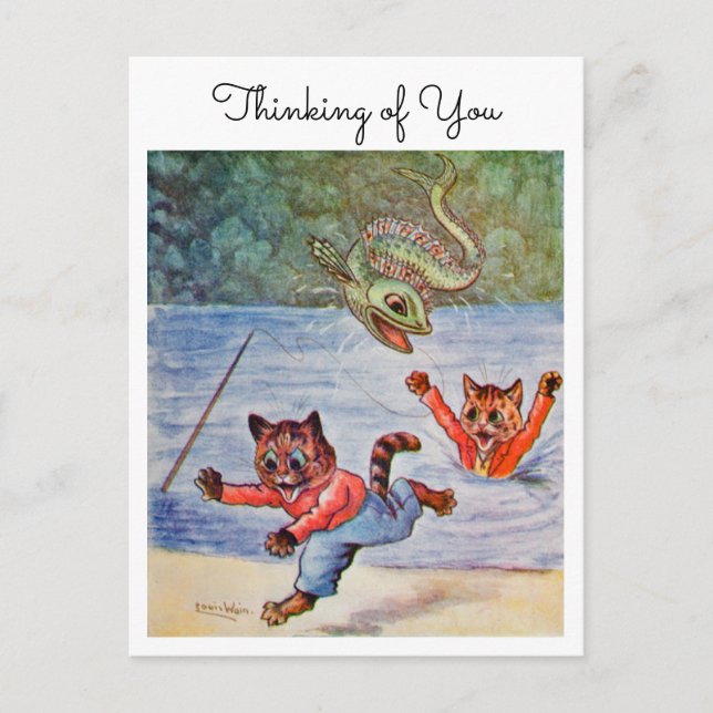 Louis Wain Funny Fishing Cats Thinking of You Postcard (Front)