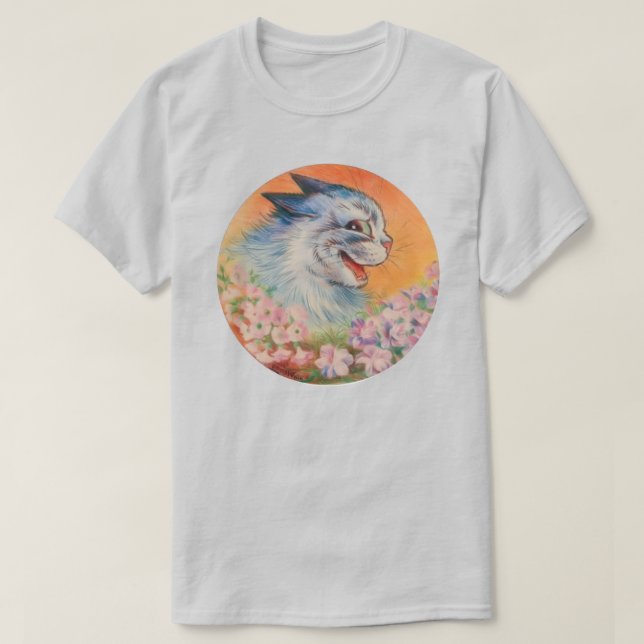 Louis Wain Laughing Blue Electric Cat in Flowers T-Shirt (Design Front)