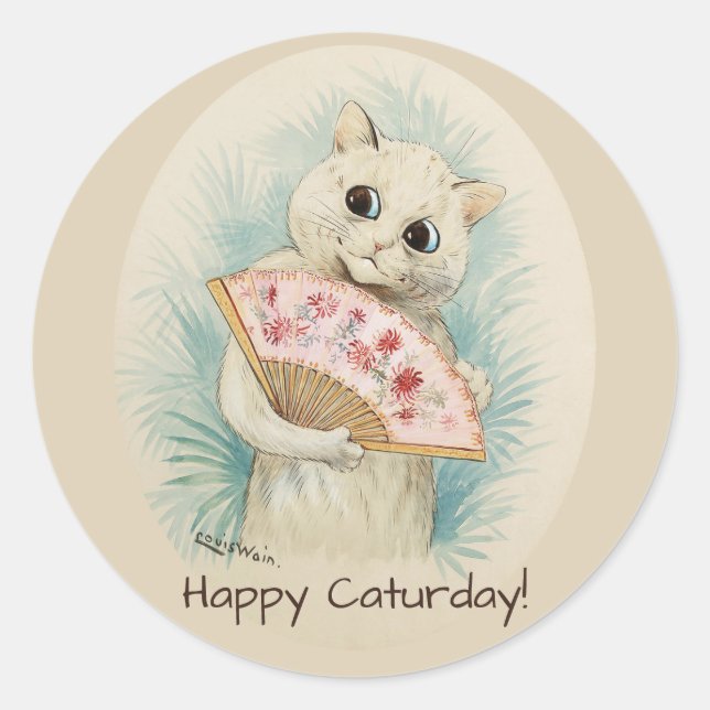 Louis Wain White cat with a fan CC0388 Classic Round Sticker (Front)