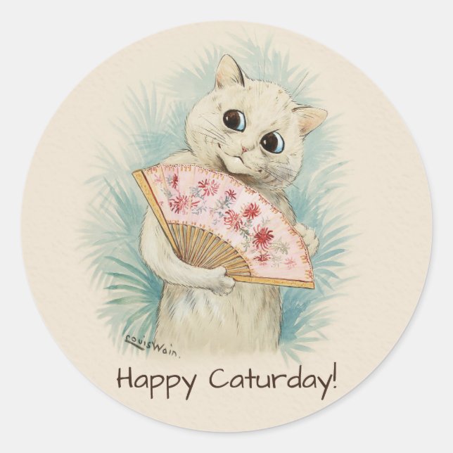 Louis Wain White cat with a fan CC0707 Classic Round Sticker (Front)