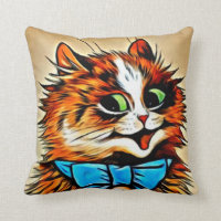 LOUIS WAIN'S CATS-Happy Tabby with Blue Bow Throw Pillow