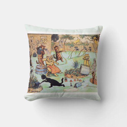 Louis Wains Cats _ Its a Garden CATastrophe Throw Pillow