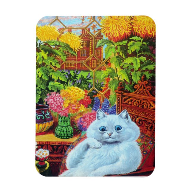 Louis Wain's White Cat in Garden Room Magnet (Vertical)