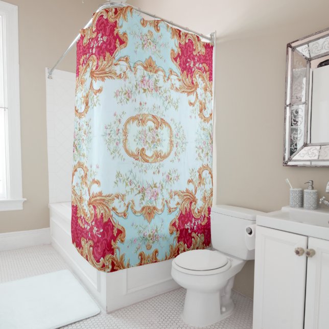 Louis XV Elegant Red Gold Gilded Floral  Shower Curtain (In Situ)