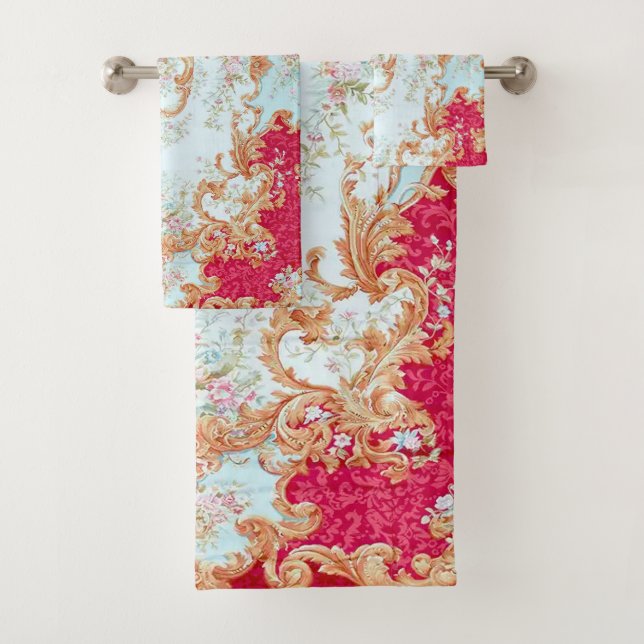Louis XV Elegant Red Gold Gilded Floral Towel (Insitu)