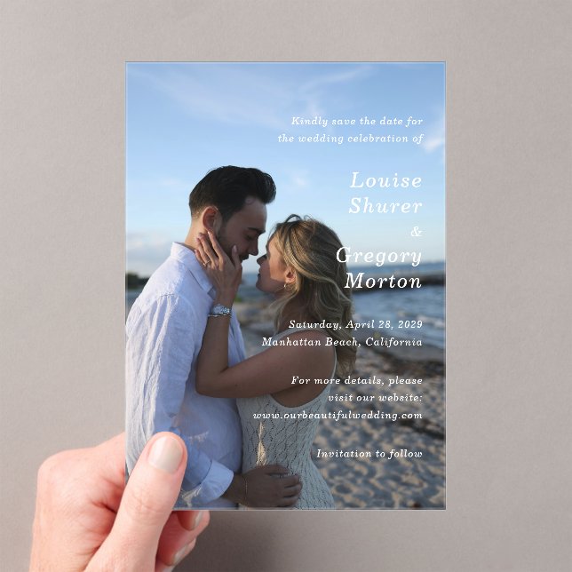 Louise Simple Photo Modern Wedding Save the Date Acrylic Invitations (Insitu (Handheld))