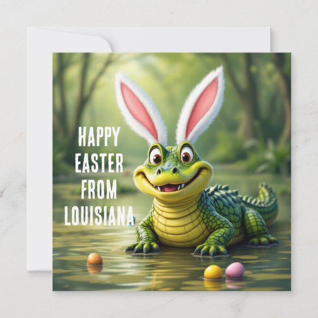 Louisiana alligator with bunny ears holiday card (Front)