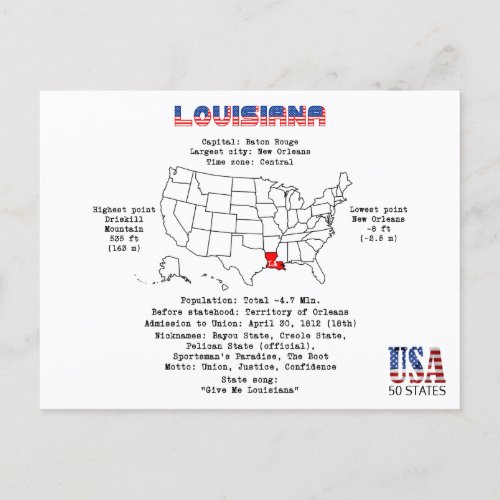 Louisiana American state on a map and useful info Holiday Postcard
