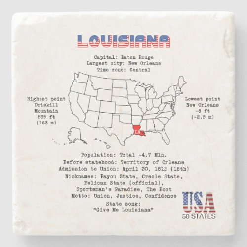 Louisiana American state on a map and useful info Stone Coaster