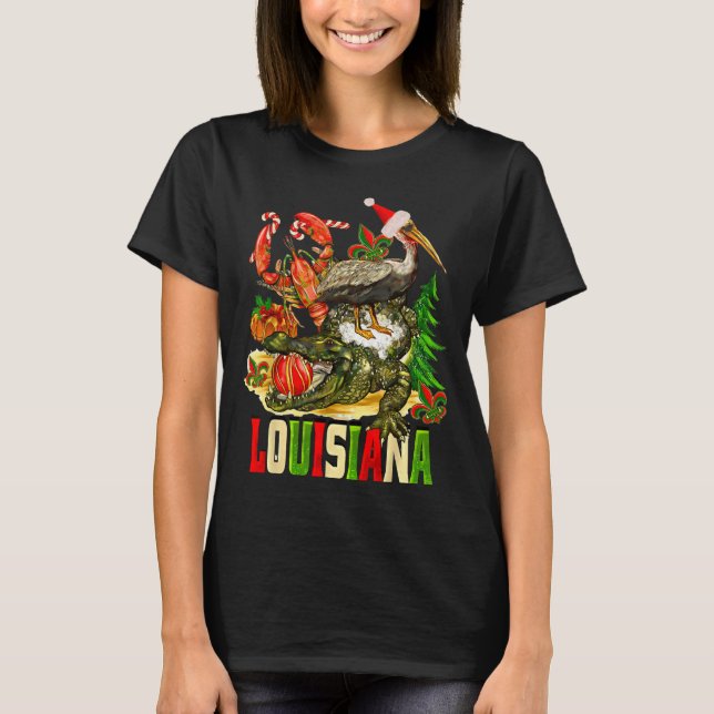 Louisiana Christmas Bayou Gator Santa Hat Holiday  T-Shirt (Front)