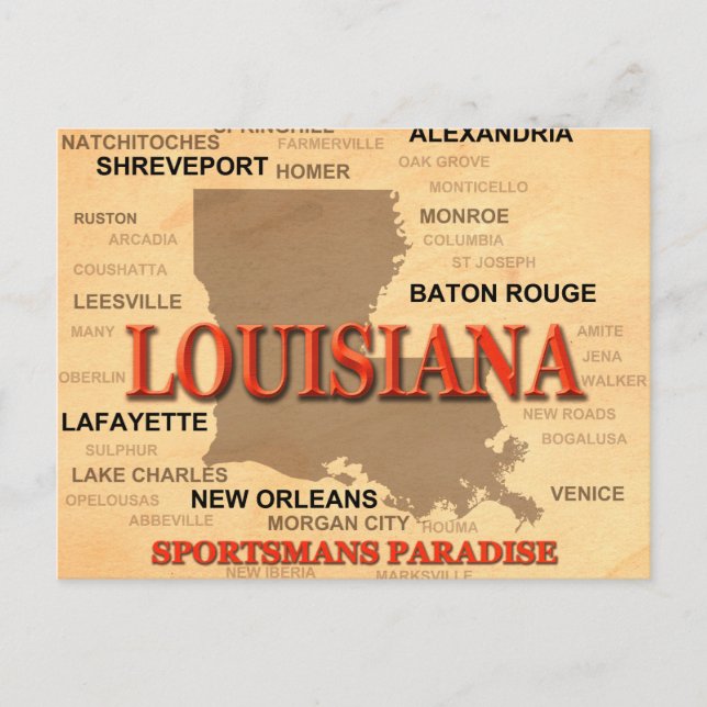 Louisiana City and Towns State Pride Map Postcard (Front)