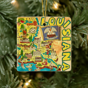 Louisiana Colorful Map Ceramic Ornament