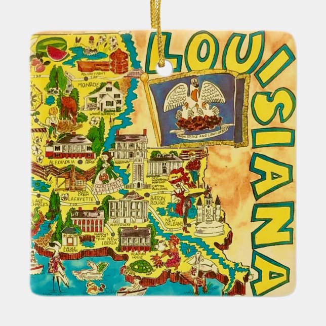  Louisiana Colorful Map Ceramic Ornament (Front)