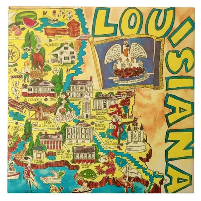  Louisiana Colorful Map Ceramic Tile (Front)