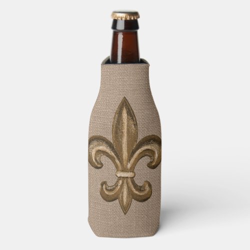 Louisiana Gold French Fleur de Lis Faux Burlap Bottle Cooler