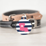 Louisiana Heart Pet ID Tag<br><div class="desc">Let your furry friend show some home state pride with this cute Louisiana ID tag. Design features a white silhouette map of the state of Louisiana in pink with a white heart inside, on a preppy navy blue and white stripe background. Add your pet's name and contact information to the...</div>