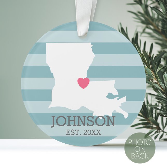 Louisiana Home State Map - Custom Wedding City Ornament (Personalized Photo Ornament with a State Design on the Front and Photo on the Back)