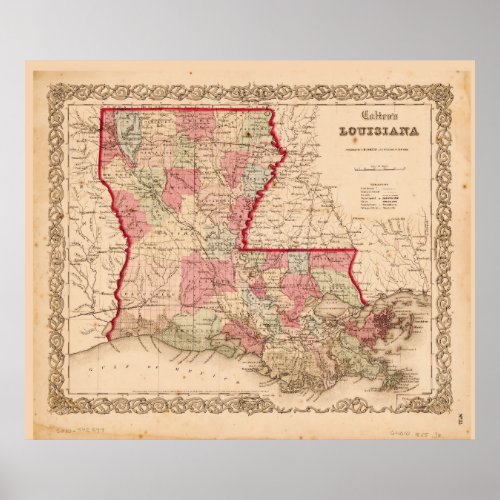 Louisiana Map by JH Colton 1855 Poster