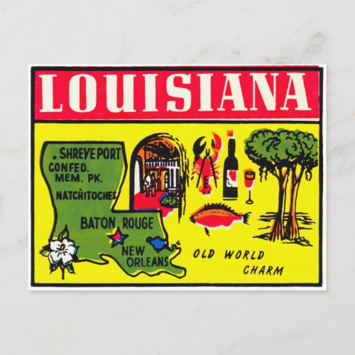 Louisiana Map Travel Souvenir Vintage Postcard