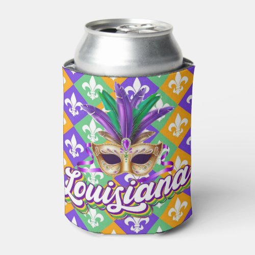 Louisiana Mardi Gras Mask Fleur de Lis Can Cooler