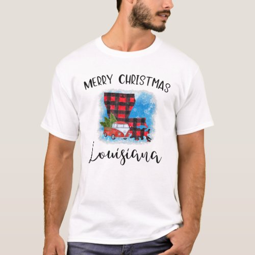 Louisiana Merry Christmas Truck Buffalo Plaid Tree T_Shirt