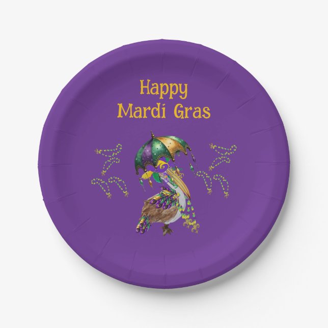 Louisiana Pelican Mardi Gras party Paper Plates (Front)