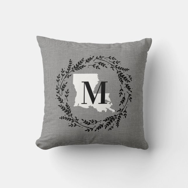 Louisiana Rustic Wreath Monogram Throw Pillow (Front)