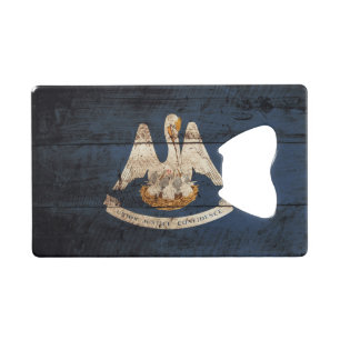 Louisiana State Flag on Old Wood Grain Credit Card Bottle Opener