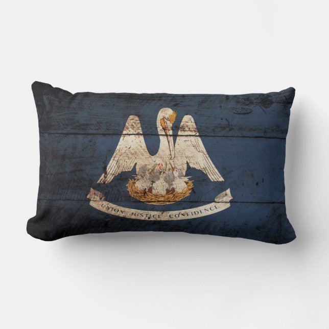 Louisiana State Flag on Old Wood Grain Lumbar Pillow (Front)