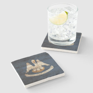 Louisiana State Flag on Old Wood Grain Stone Coaster