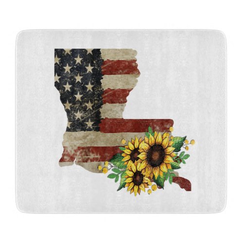 Louisiana State Map US Flag Sunflower Glass Cutting Board