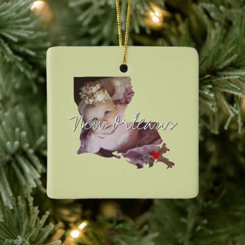 Louisiana State Photo insert and town name Ceramic Ornament