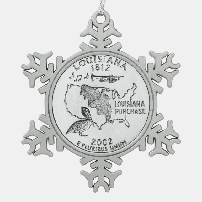 Louisiana State Quarter Snowflake Pewter Christmas Ornament (Front)