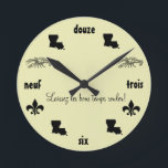Louisiana Themed Cajun French Clock<br><div class="desc">This clock has whimsical stylings and Cajun French tone.  Numerals are written in French,  along with cultural images.  The size and background color of the clock can be customized.</div>