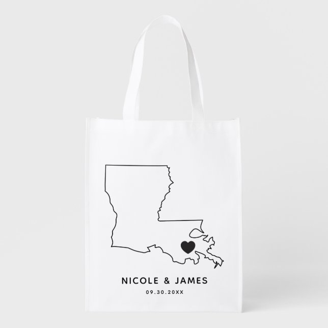 Louisiana Wedding Welcome Bag Map Tote with Heart (Front)