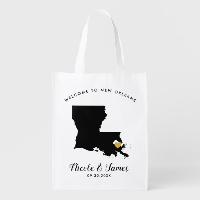 Louisiana Wedding Welcome Bag Tote, Gold Heart (Front)
