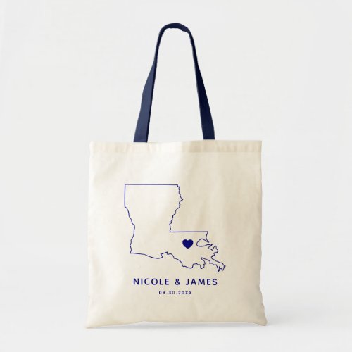 Louisiana Wedding Welcome Bag Tote Navy Blue Map