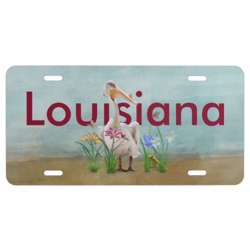 Louisiana White Pelican Flowers Customized Text License Plate