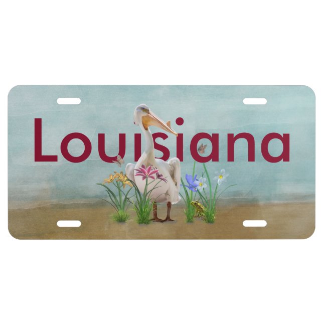 Louisiana, White Pelican, Flowers, Customized Text License Plate (Front)