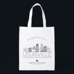 Louisville, Kentucky Wedding | Stylized Skyline Grocery Bag<br><div class="desc">A unique wedding bag for a wedding taking place in the beautiful city of Louisville,  Kentucky.  This bag features a stylized illustration of the city's unique skyline with its name underneath.  This is followed by your wedding day information in a matching open lined style.</div>