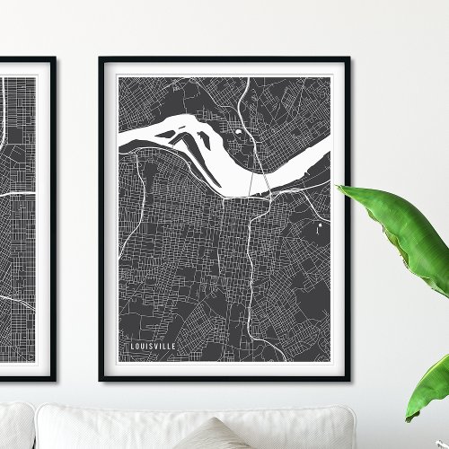 Louisville Map Simple Charcoal Gray Line Map Poster