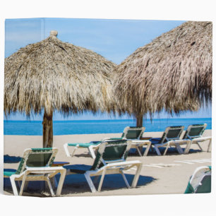 Lounge Chairs And Thatch Umbrellas On Beach 3 Ring Binder