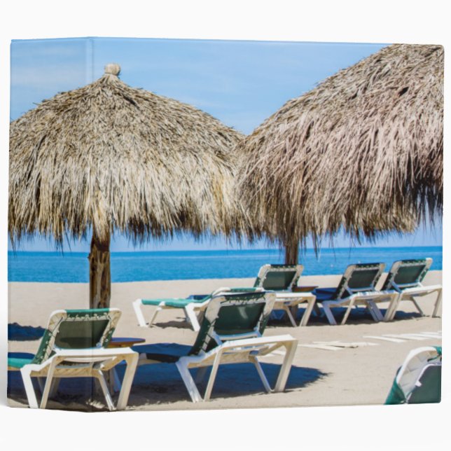 Lounge Chairs And Thatch Umbrellas On Beach 3 Ring Binder (Front/Spine)