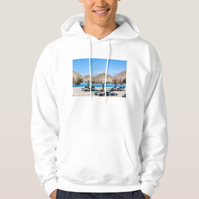 Lounge Chairs And Thatch Umbrellas On Beach Hoodie (Front)