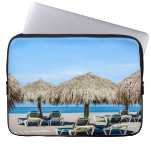 Lounge Chairs And Thatch Umbrellas On Beach Laptop Sleeve