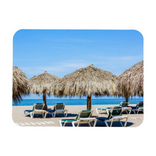 Lounge Chairs And Thatch Umbrellas On Beach Magnet